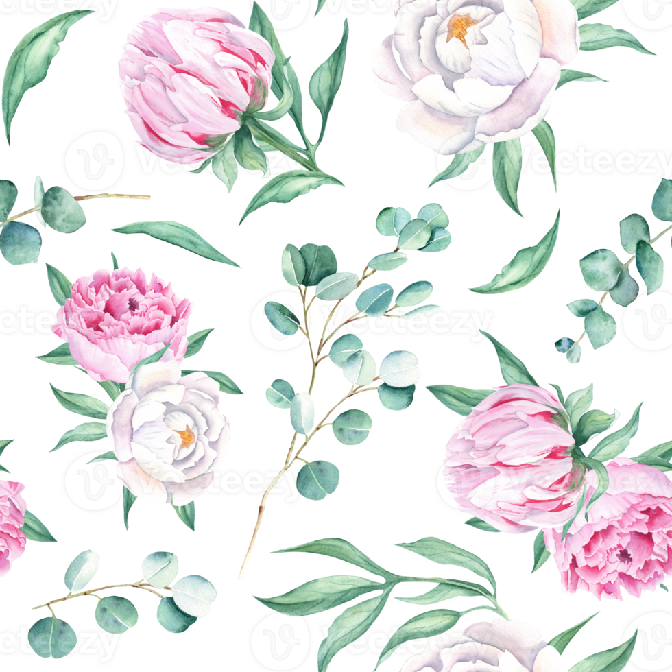 Seamless watercolor pattern with white and pink peonies, eucalyptus branches. Can be used for wedding prints, gift wrapping paper, kitchen textile and fabric prints. png