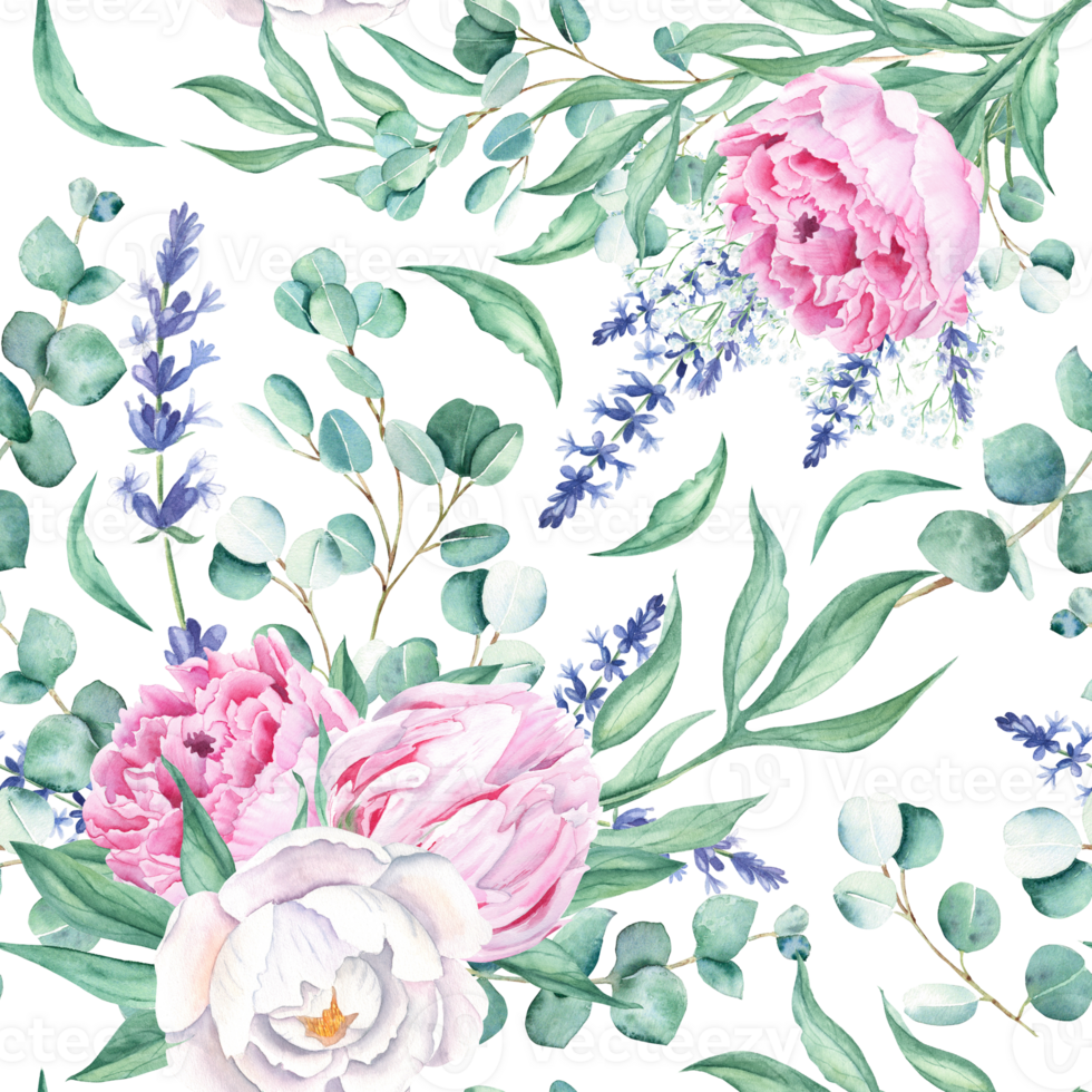 Seamless watercolor pattern with white and pink peonies, eucalyptus and lavender branches. Can be used for wedding prints, gift wrapping paper, kitchen textile and fabric prints. png