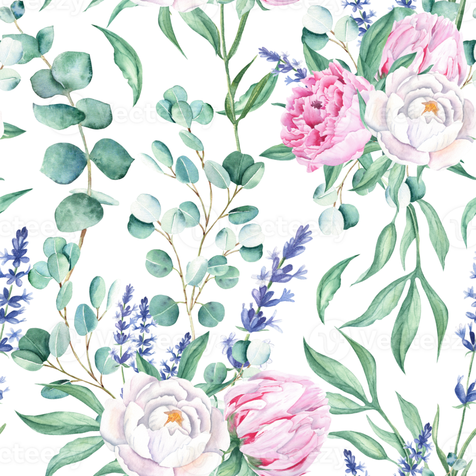 Seamless watercolor pattern with white and pink peonies, eucalyptus and lavender branches. Can be used for wedding prints, gift wrapping paper, kitchen textile and fabric prints. png