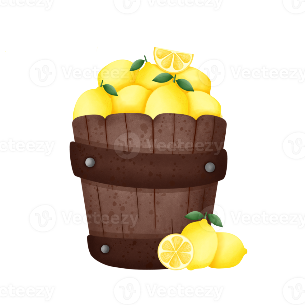 Lemons in wooden bucket png