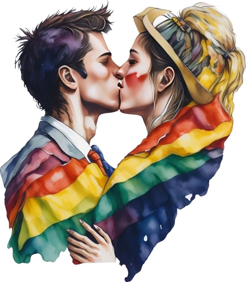 a couple kissing in front of a pride flag. png
