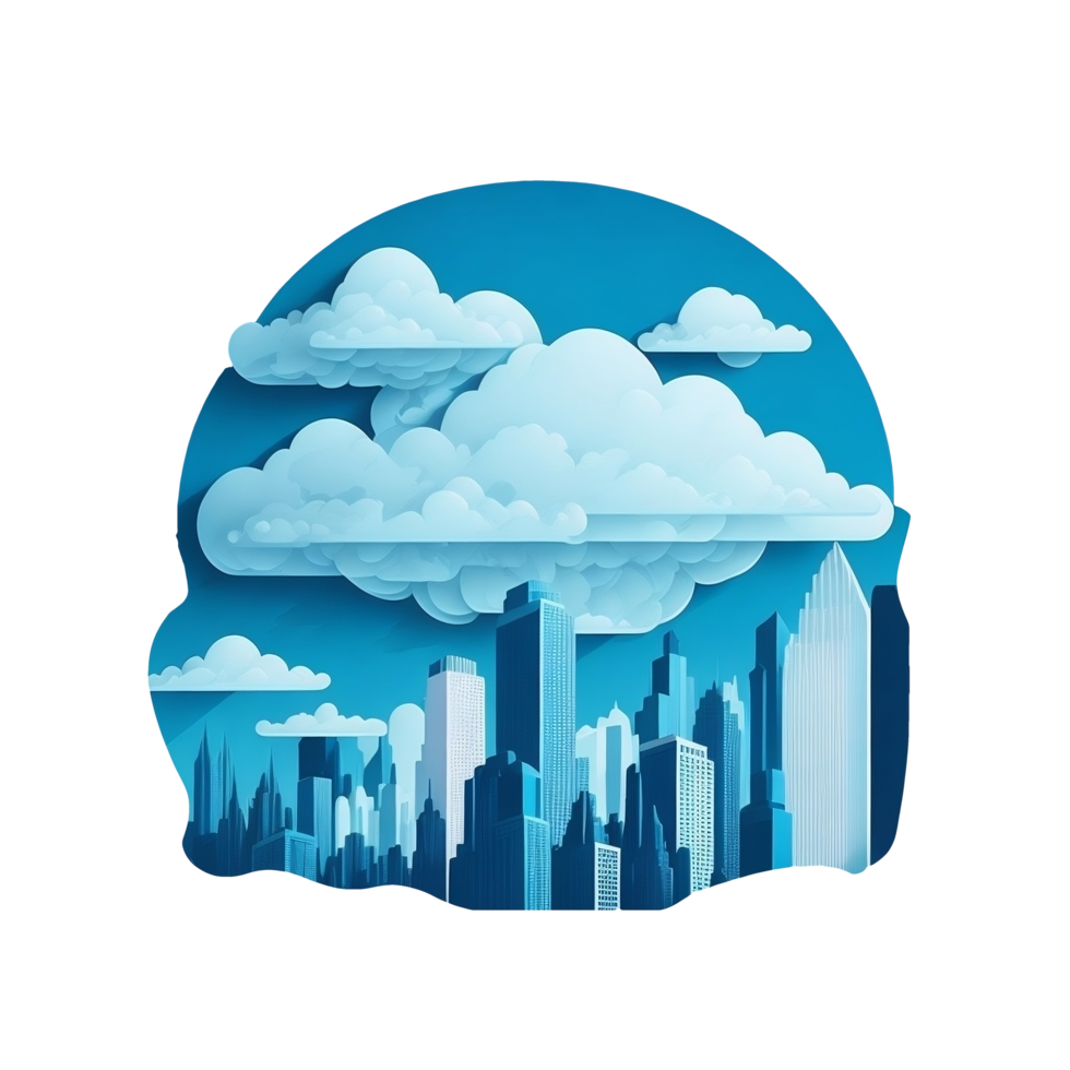 A digital art sticker of a cityscape made of clouds. The city is a modern. AI Generative. png