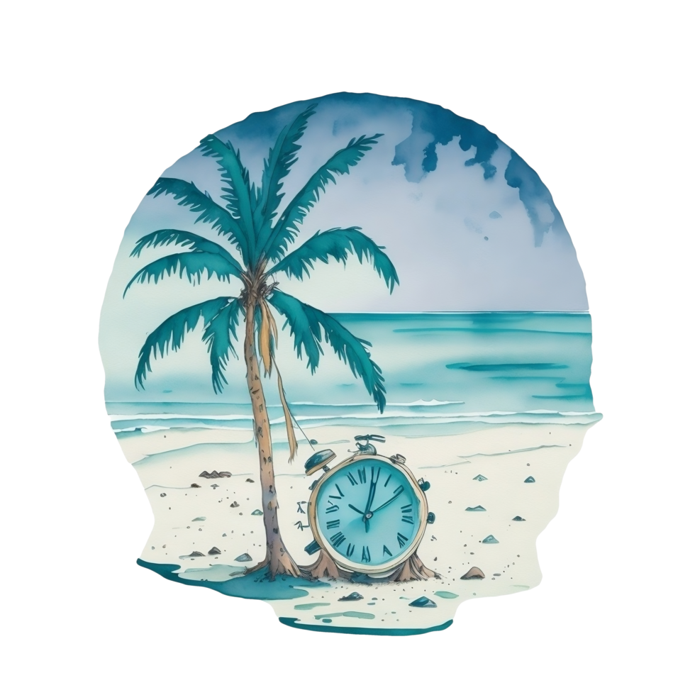 A watercolor sticker of a clock sitting on a beach with a palm tree. png