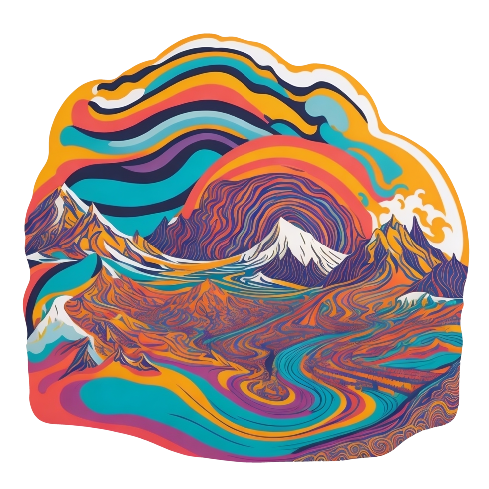 A psychedelic landscape. The landscape is full of swirling patterns and vibrant colors. png