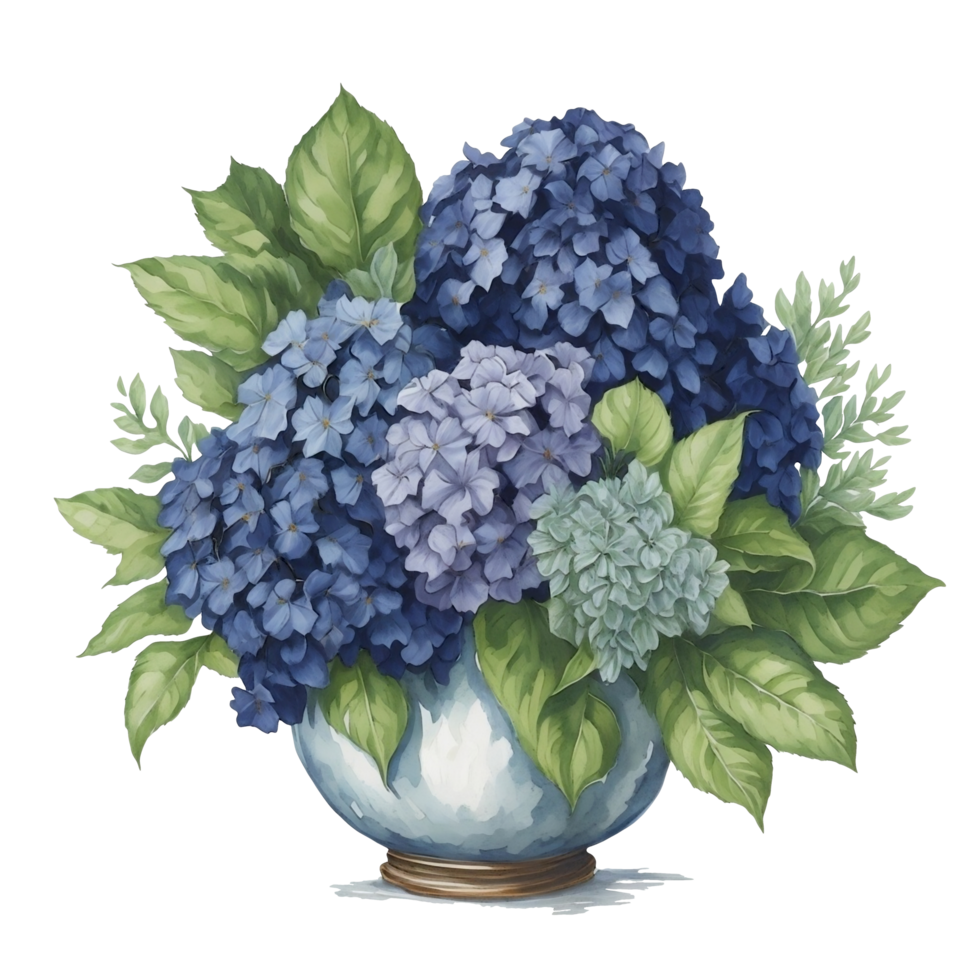 A wreath of hydrangeas in a vase. The hydrangeas are rendered in a lush. png