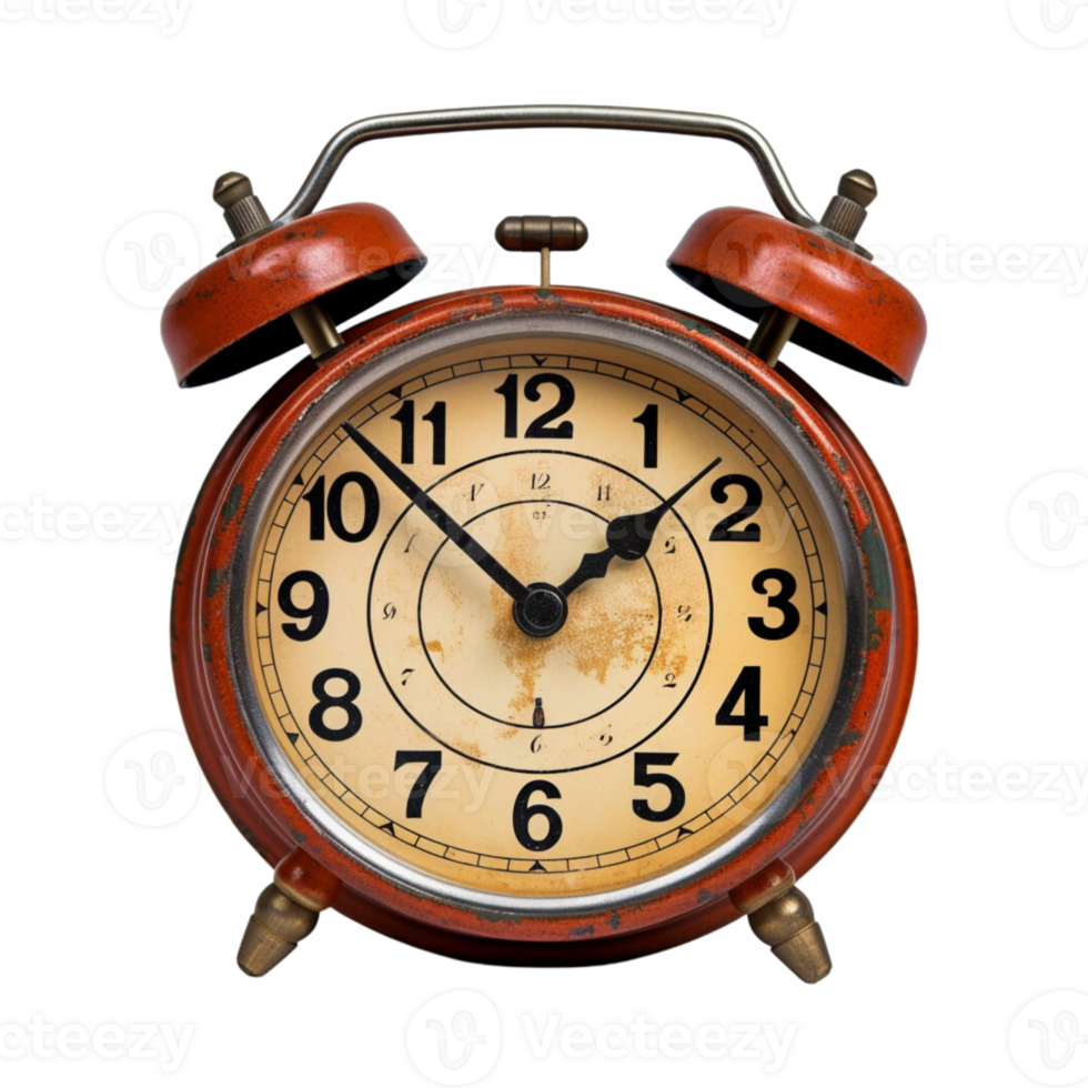 Vintage brown alarm clock on transparent background. png