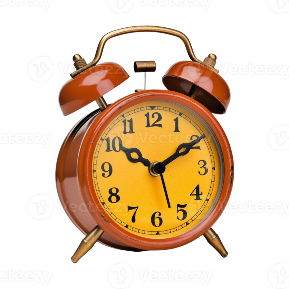 Vintage brown alarm clock on transparent background. png
