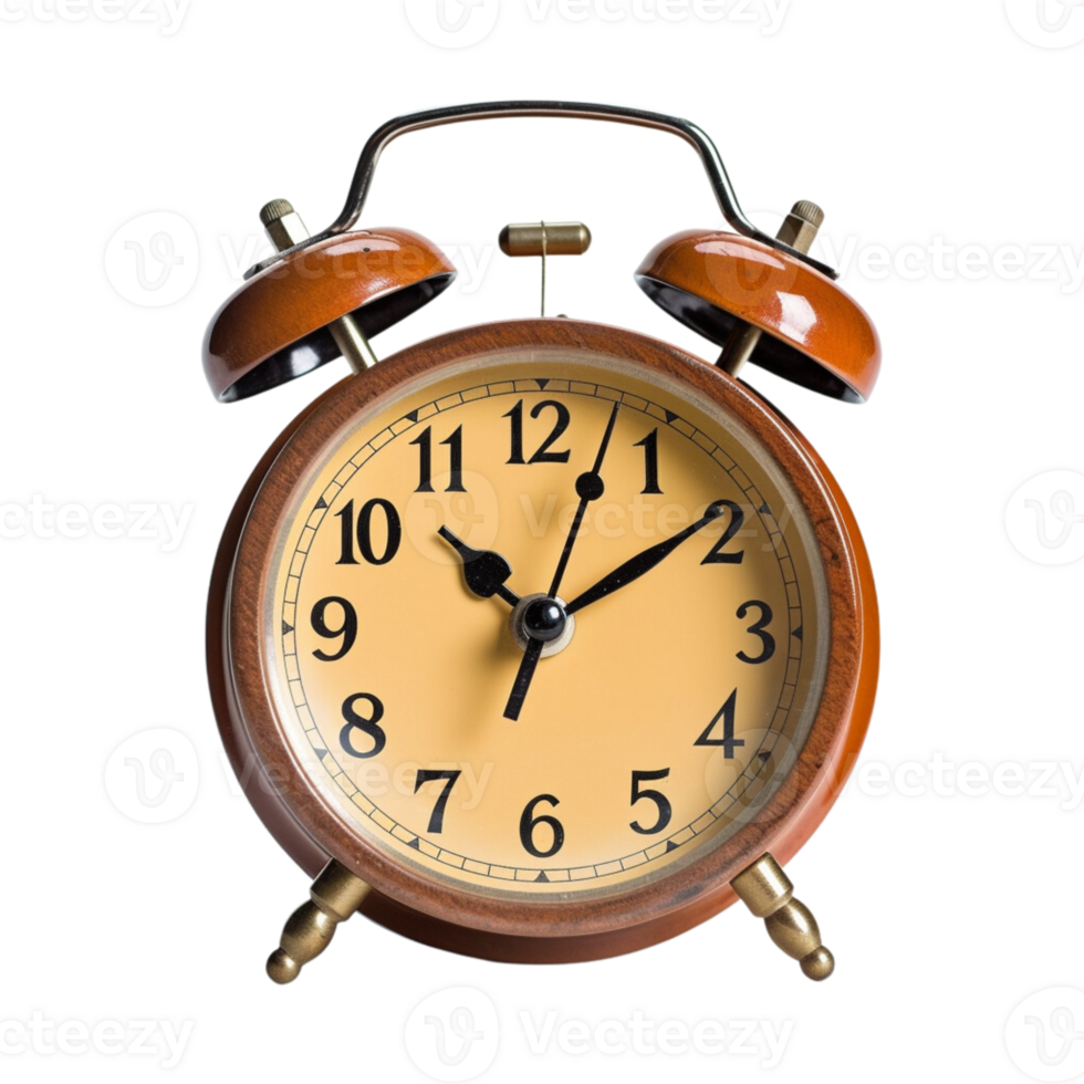 Vintage brown alarm clock on transparent background. png