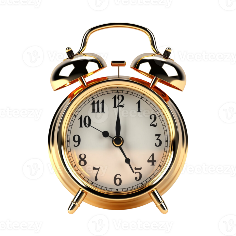 Vintage golden alarm clock on transparent background. ai generated