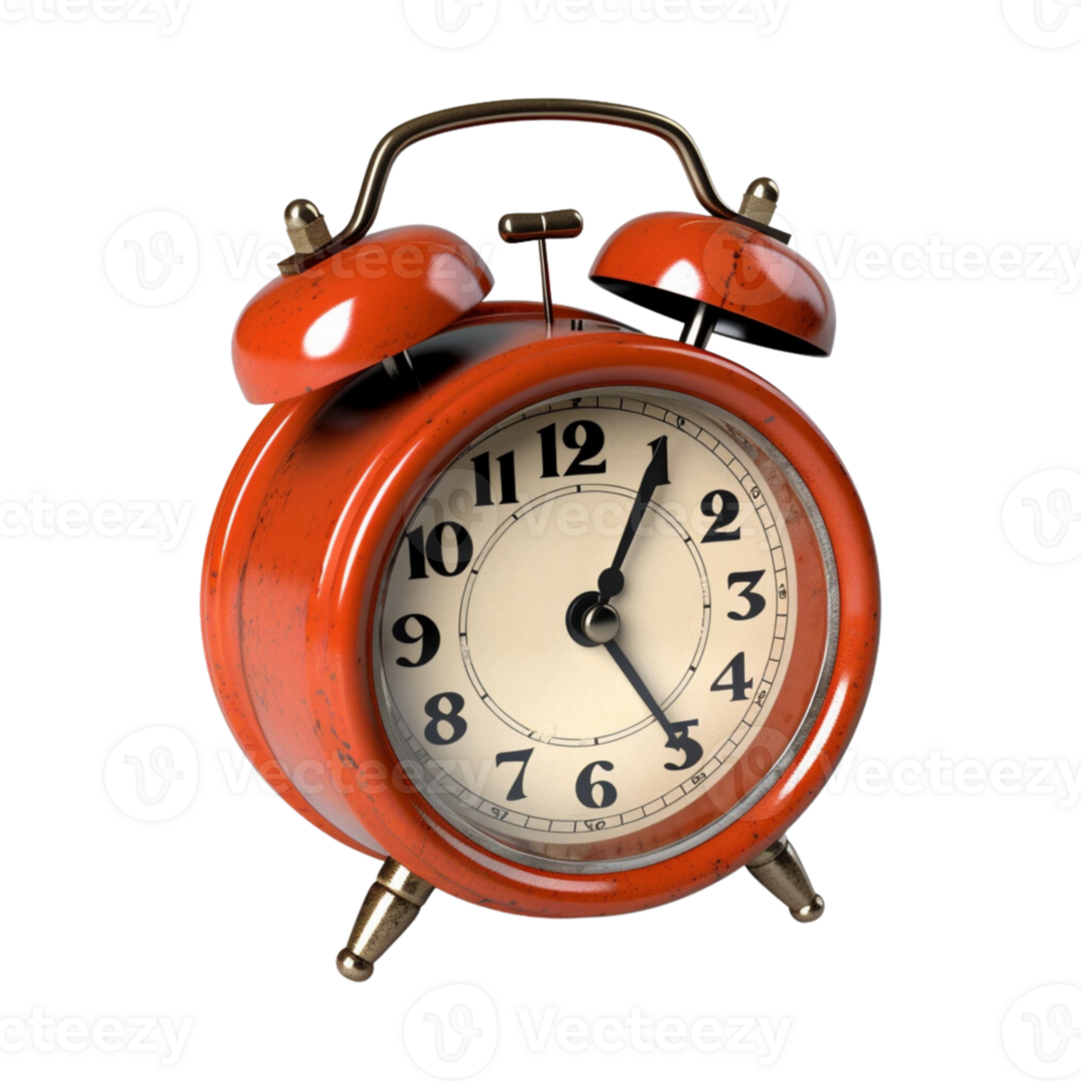 Vintage brown alarm clock on transparent background. png