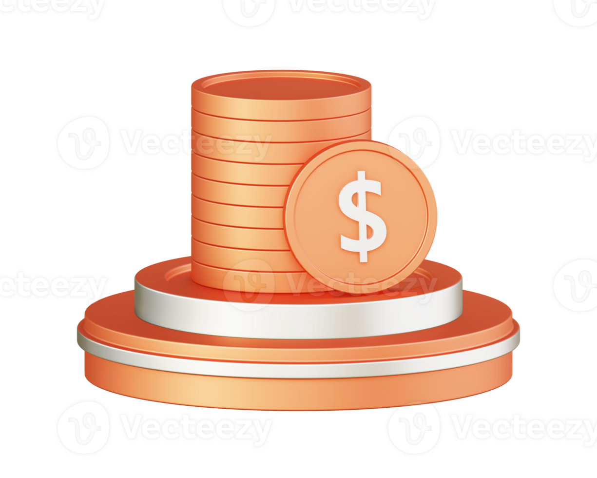 3d ilustración icono diseño de metálico naranja dinero y moneda con circular o redondo podio png