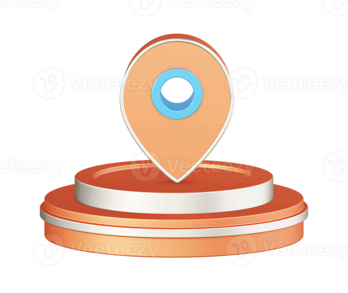 3d illustration icon design of metallic orange map pointer location with circular or round podium png