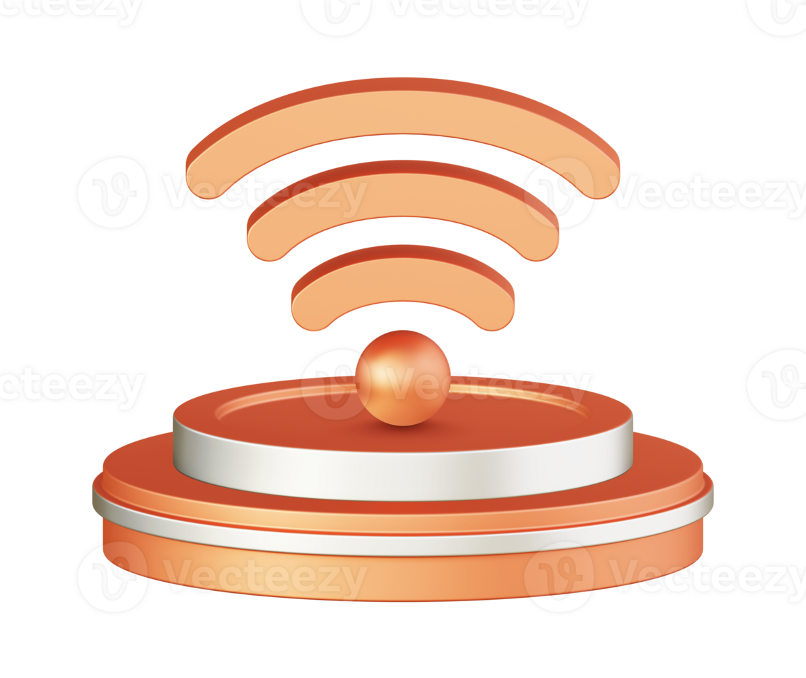 3d illustration icon design of metallic orange hotspot wifi internet connection with circular or round podium png