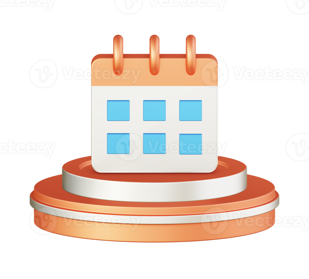 3d illustration icon design of metallic orange calendar date and time with circular or round podium png