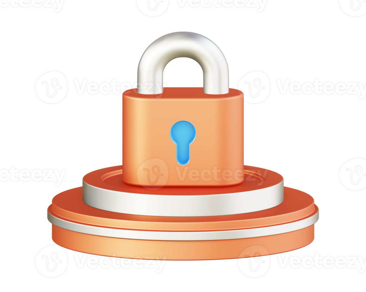 3d illustration icon design of metallic orange security padlock with circular or round podium png