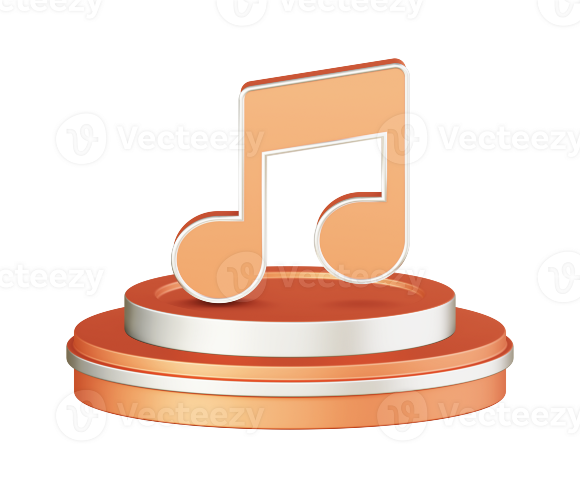 3d illustration icon design of metallic orange music note with circular or round podium png