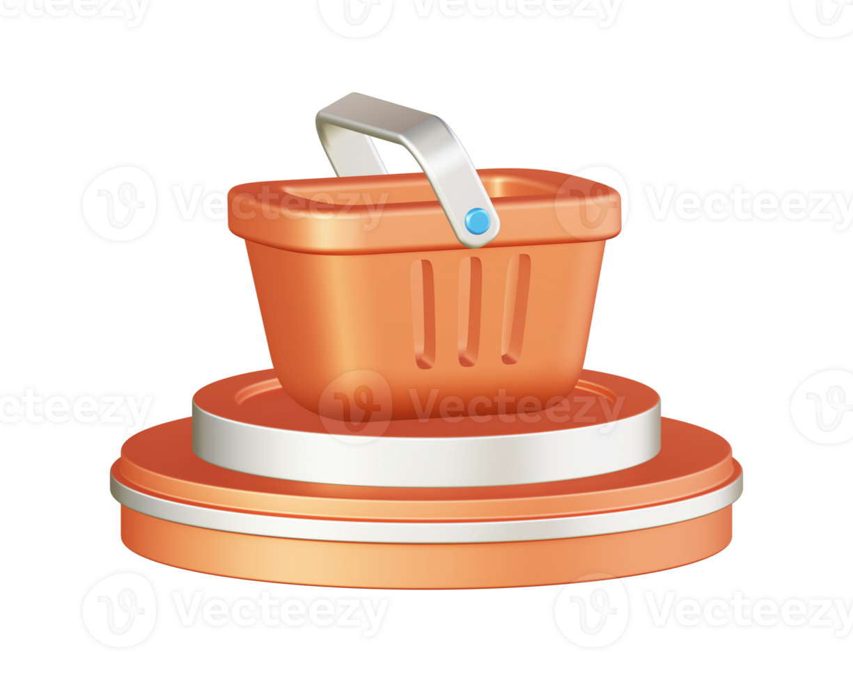 3d illustration icon design of metallic orange shopping basket with circular or round podium png