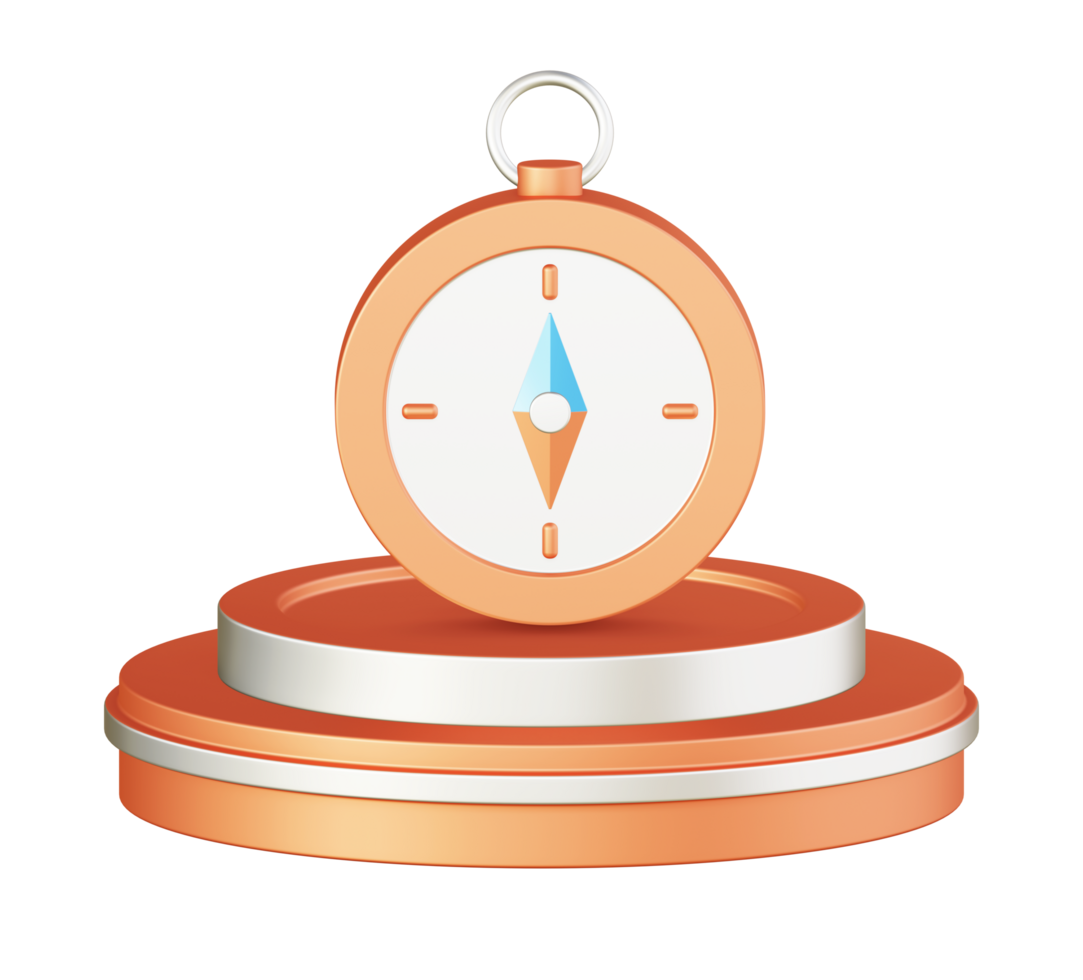 3d illustration icon design of metallic orange compass navigation with circular or round podium png