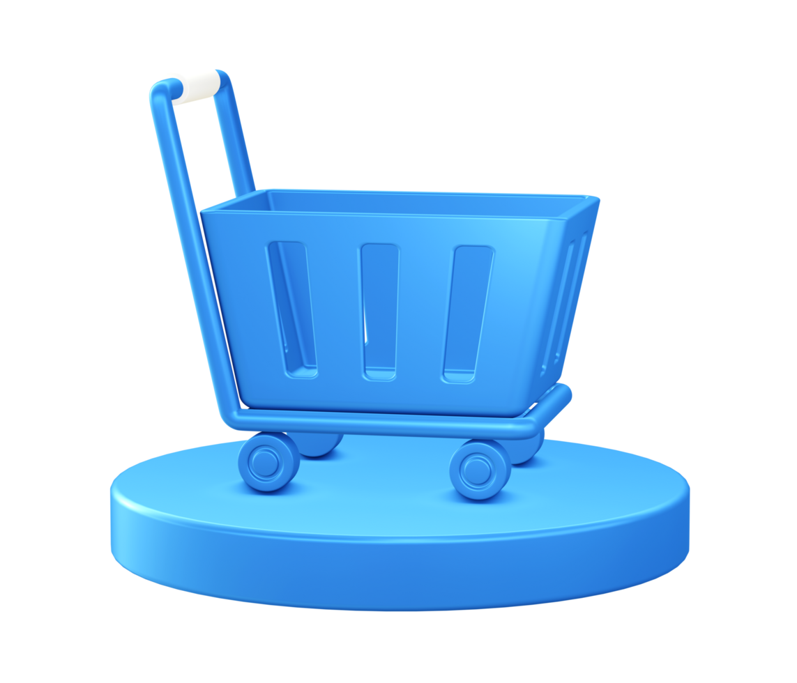 3d illustration icon of shopping trolley cart with circular or round podium png