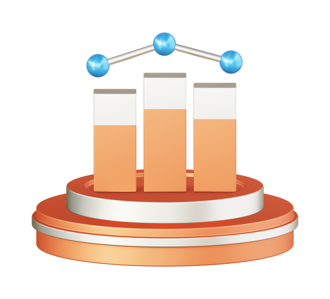 3d illustration icon design of metallic orange bar chart graph with circular or round podium png