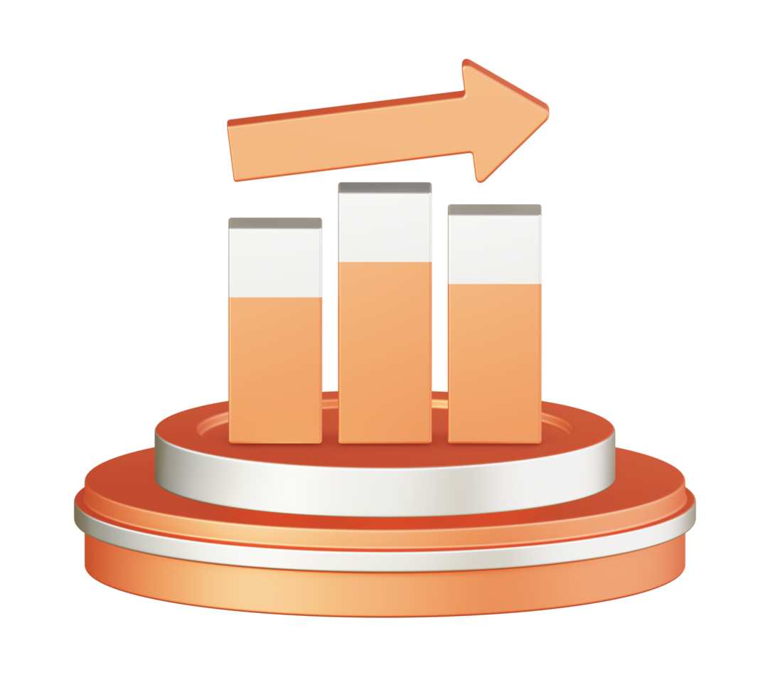 3d illustration icon design of metallic orange bar chart graph arrow with circular or round podium png