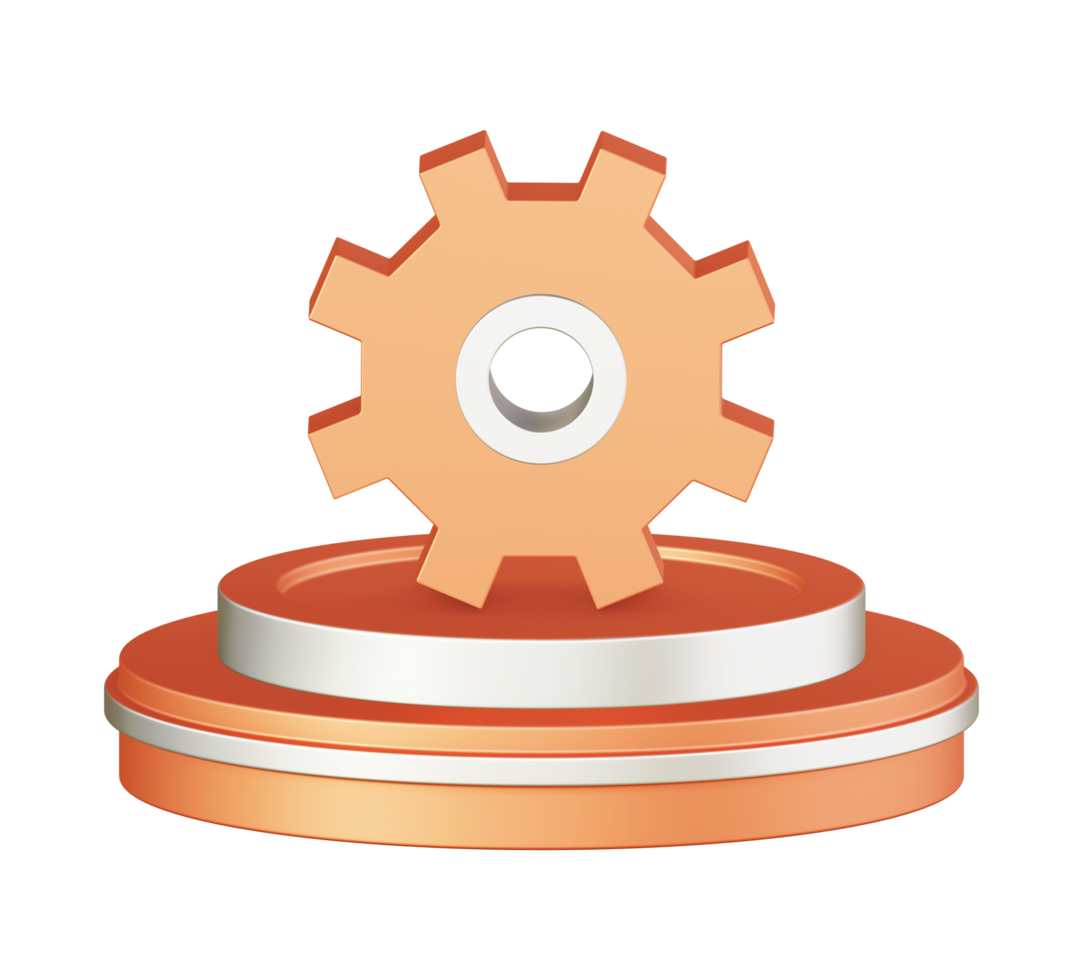 3d illustration icon design of metallic orange configuration setting gear with circular or round podium png