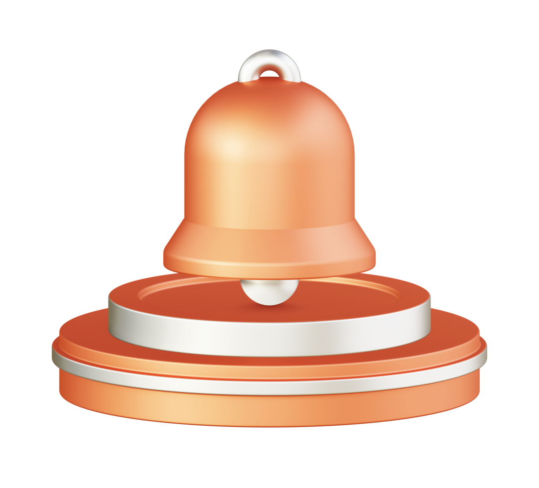 3d illustration icon design of metallic orange bell notification with circular or round podium png