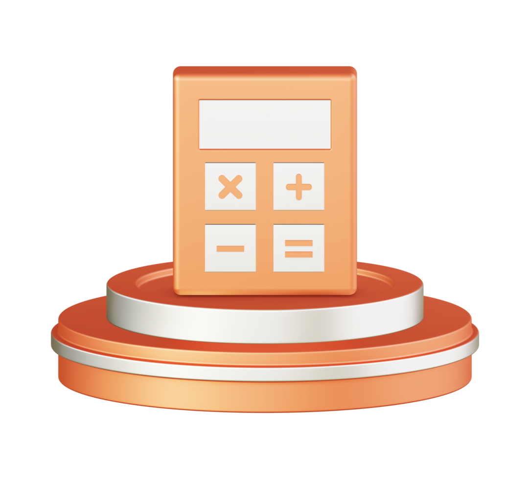 3d illustration icon design of metallic orange math calculator finance with circular or round podium png