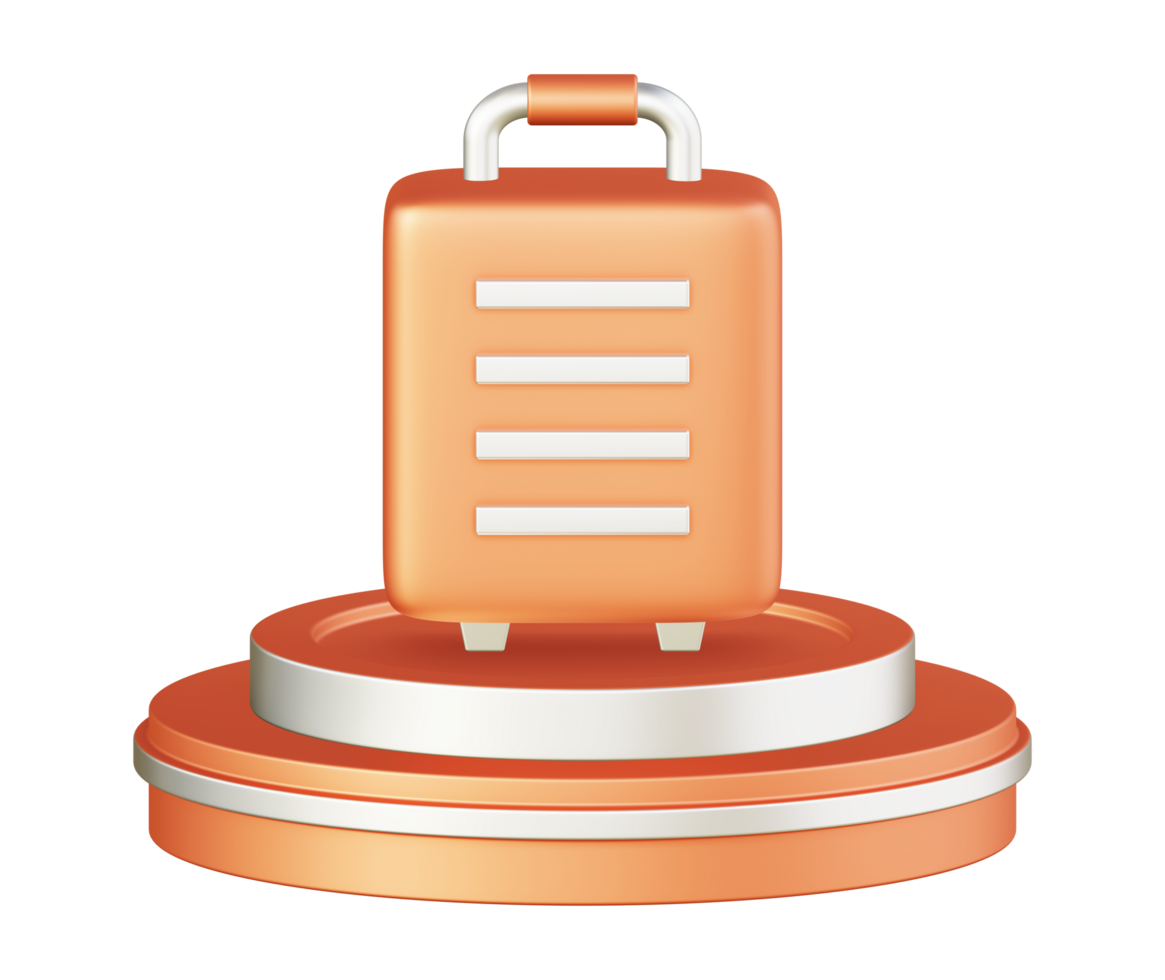 3d illustration icon design of metallic orange suitcase luggage with circular or round podium png