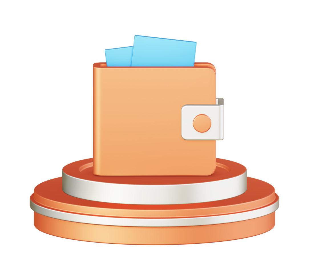 3d illustration icon design of metallic orange money wallet with circular or round podium png