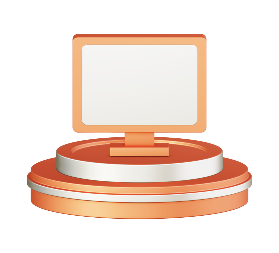 3d illustratie icoon ontwerp van metalen oranje computer toezicht houden op met circulaire of ronde podium png