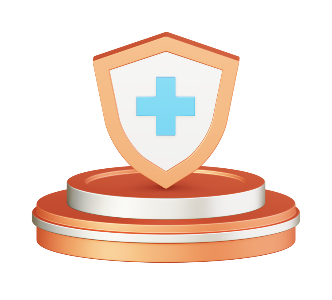 3d illustration icon design of metallic orange health protection shield with circular or round podium png