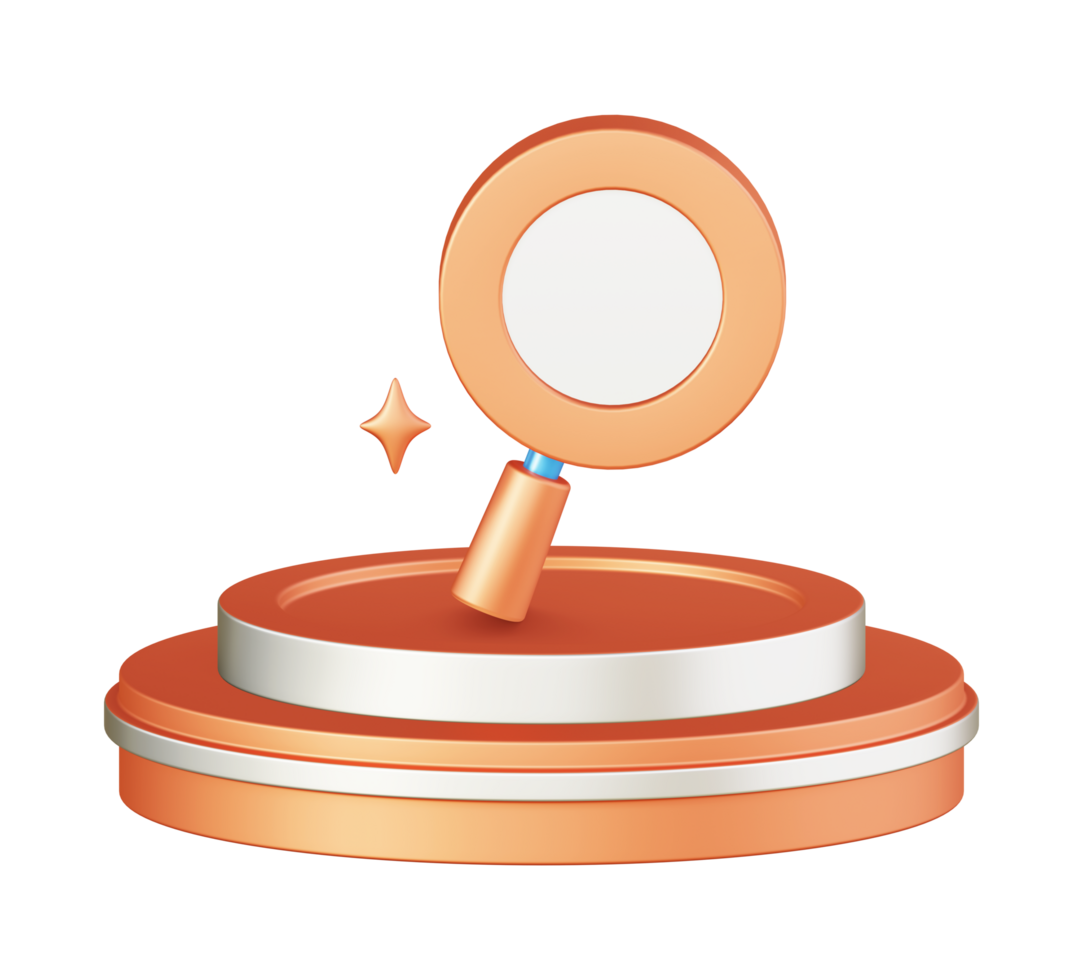 3d illustration icon design of metallic orange magnifying glass with circular or round podium png