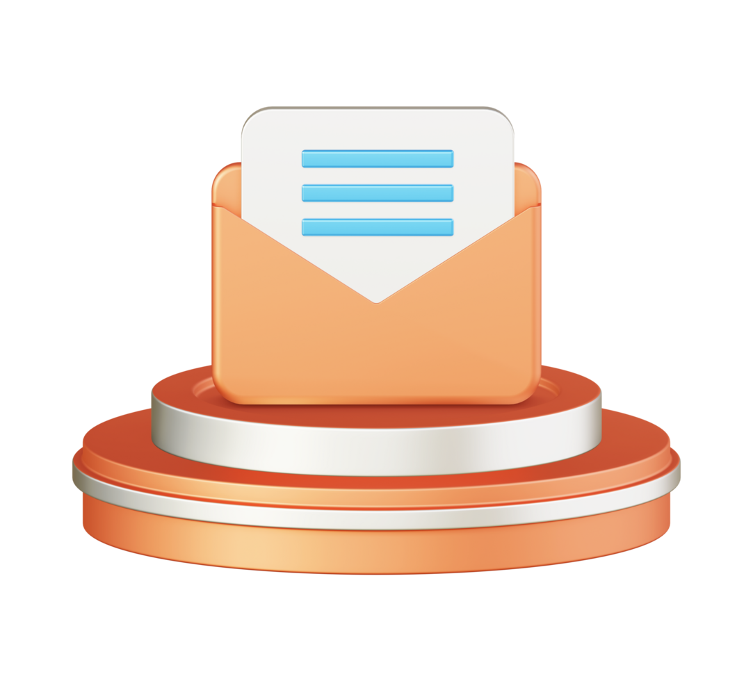 3d ilustración icono diseño de metálico naranja correo electrónico bandeja de entrada con circular o redondo podio png