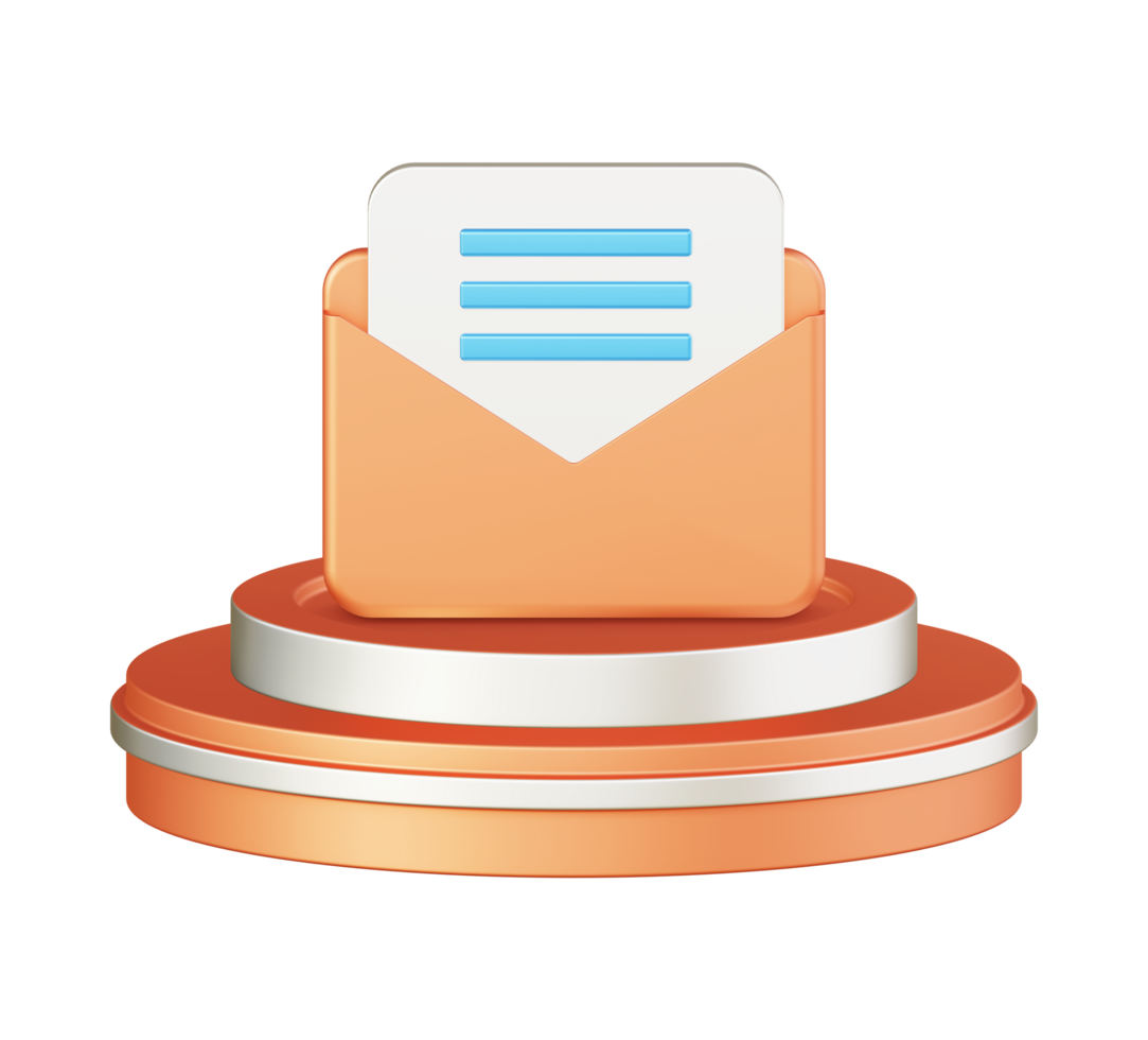 3d illustration icon design of metallic orange email inbox with circular or round podium png