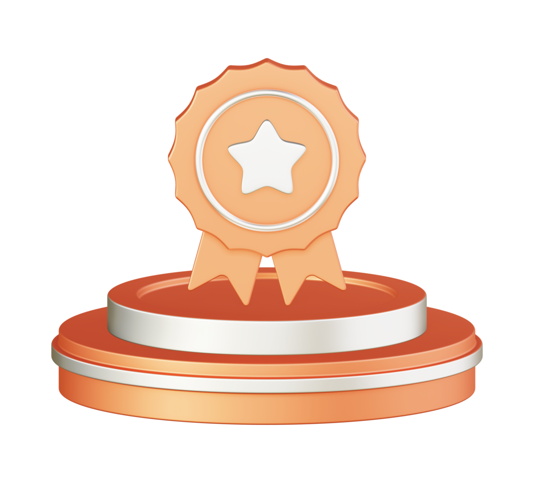 3d illustration icon design of metallic orange award badge with circular or round podium png