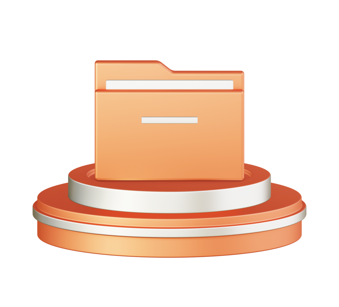 3d illustration icon design of metallic orange computer folder file with circular or round podium png