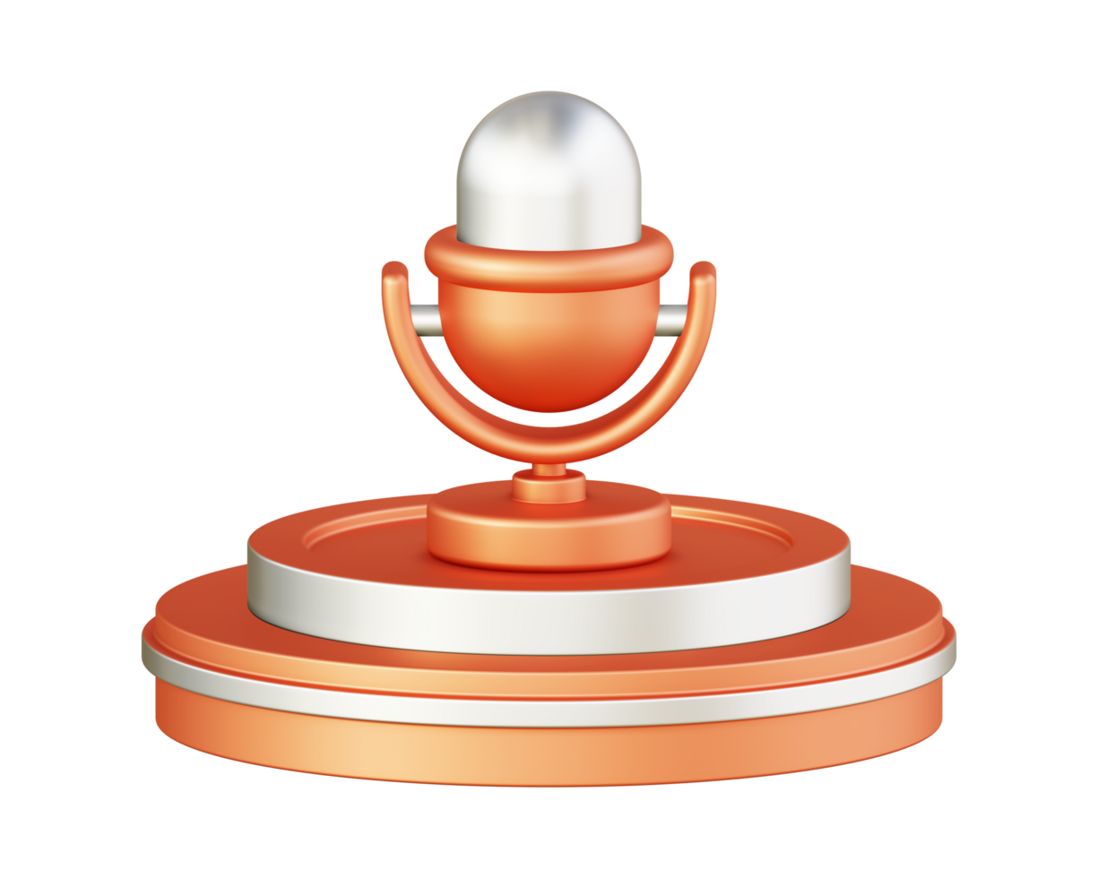 3d illustration icon design of metallic orange voice recorder microphone with circular or round podium png