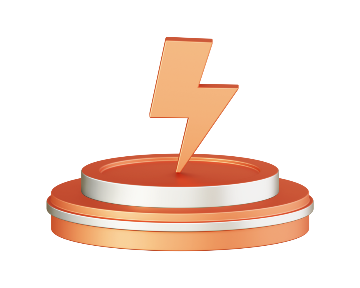 3d illustration icon design of metallic orange lightning bold flash with circular or round podium png