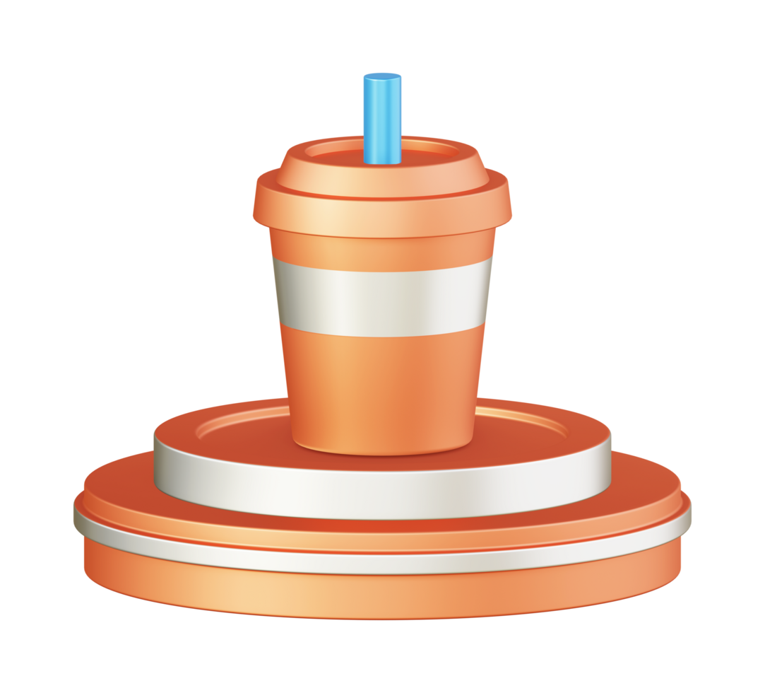 3d illustration icon design of metallic orange drink cup with circular or round podium png