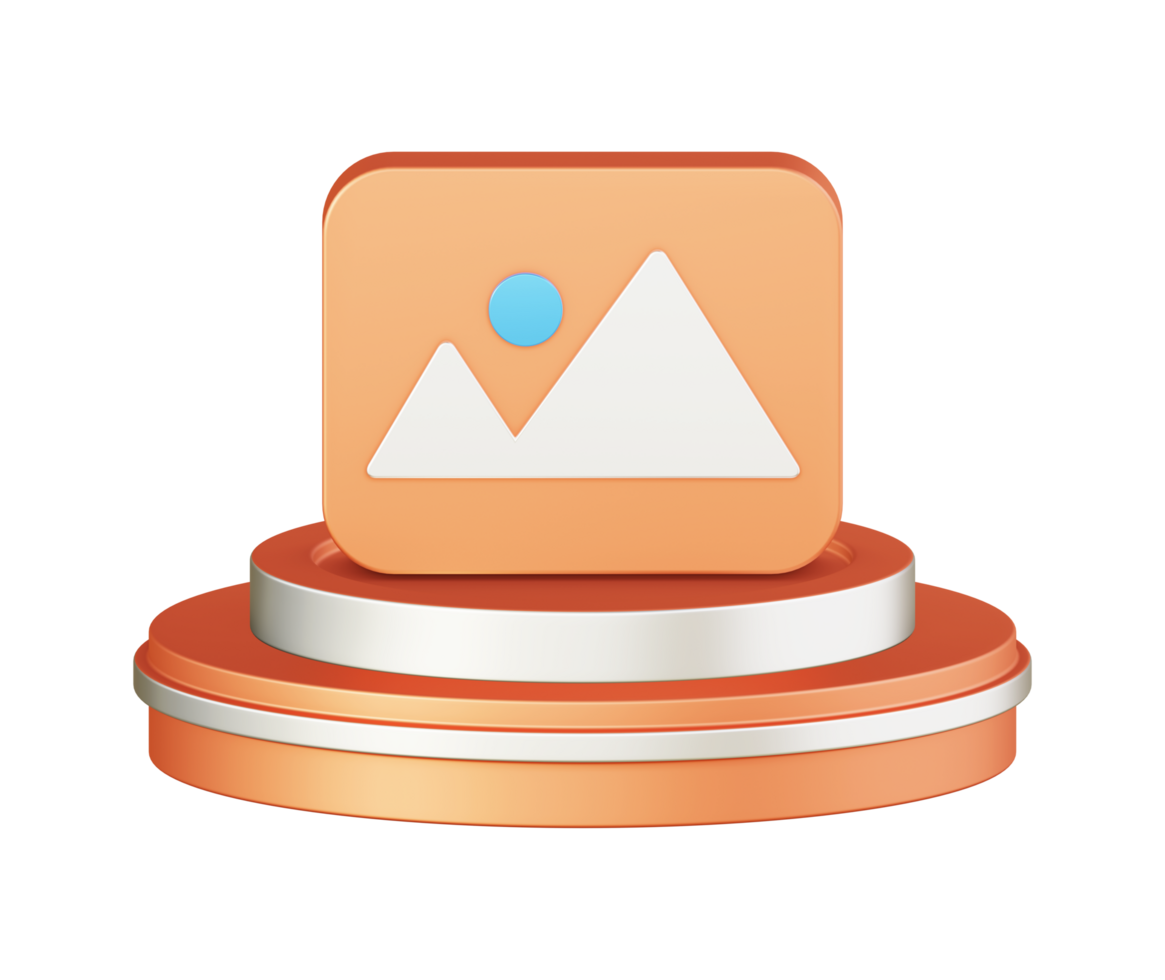 3d illustration icon design of metallic orange picture photo image with circular or round podium png