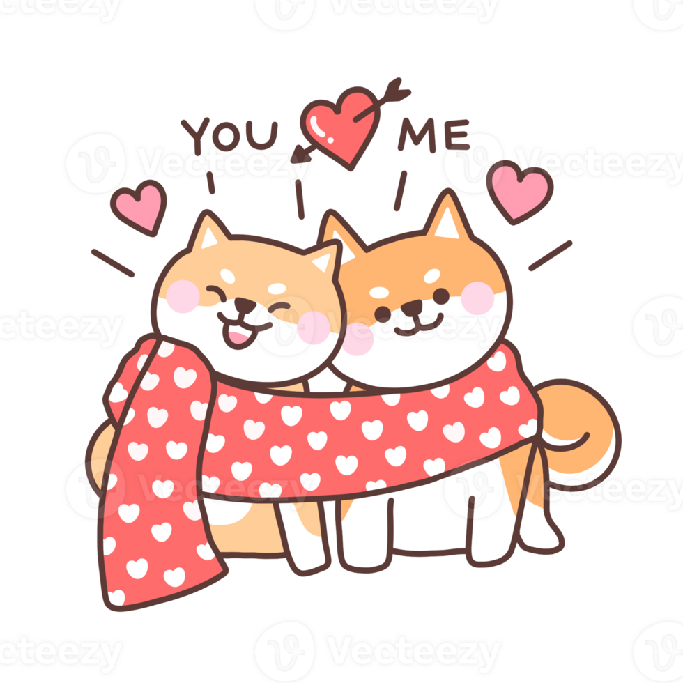 Draw illustration character design couple of shiba inu dog with text for valentines day.Love concept doodle cartoon style. png