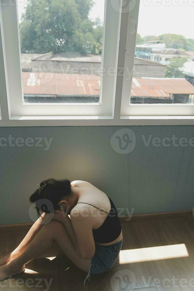 panic attacks alone young girl sad fear stressful depressed emotional.crying use hand cover face begging help.stop abusing domestic violence in women,person with health anxiety,people bad feeling down photo