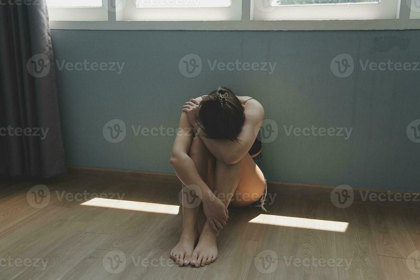 panic attacks alone young girl sad fear stressful depressed emotional.crying use hand cover face begging help.stop abusing domestic violence in women,person with health anxiety,people bad feeling down photo