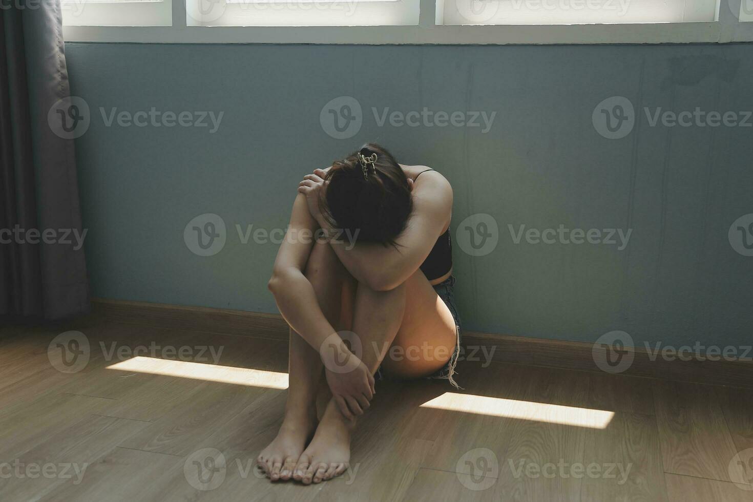 panic attacks alone young girl sad fear stressful depressed emotional.crying use hand cover face begging help.stop abusing domestic violence in women,person with health anxiety,people bad feeling down photo