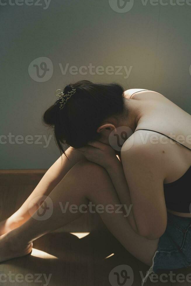 panic attacks alone young girl sad fear stressful depressed emotional.crying use hand cover face begging help.stop abusing domestic violence in women,person with health anxiety,people bad feeling down photo