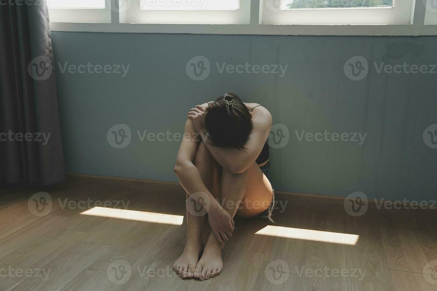 panic attacks alone young girl sad fear stressful depressed emotional.crying use hand cover face begging help.stop abusing domestic violence in women,person with health anxiety,people bad feeling down photo