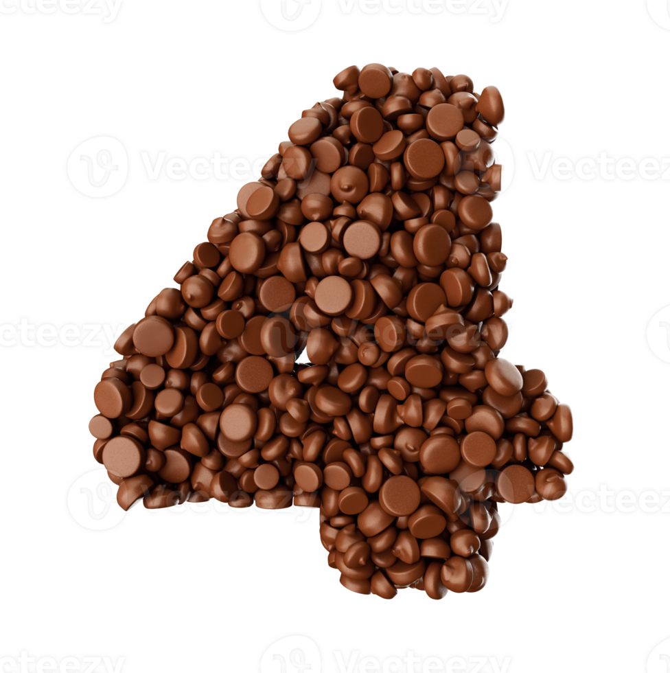 cijfer 4 gemaakt van chocola chips chocola stukken 4 3d illustratie png