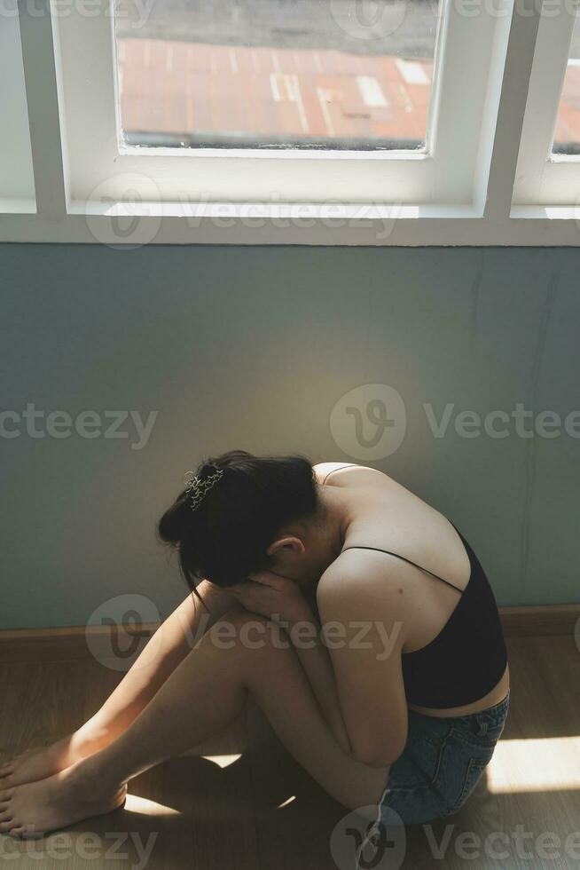 panic attacks alone young girl sad fear stressful depressed emotional.crying use hand cover face begging help.stop abusing domestic violence in women,person with health anxiety,people bad feeling down photo