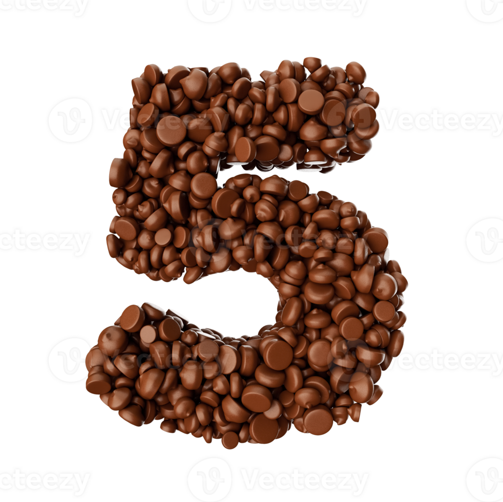 cijfer 5 gemaakt van chocola chips chocola stukken 5 3d illustratie png